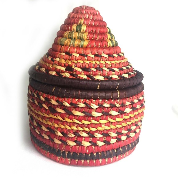 Hand-woven Coil Basket with Lid Multicolor 6 1/2"H  x 5" D - Picture 1 of 8